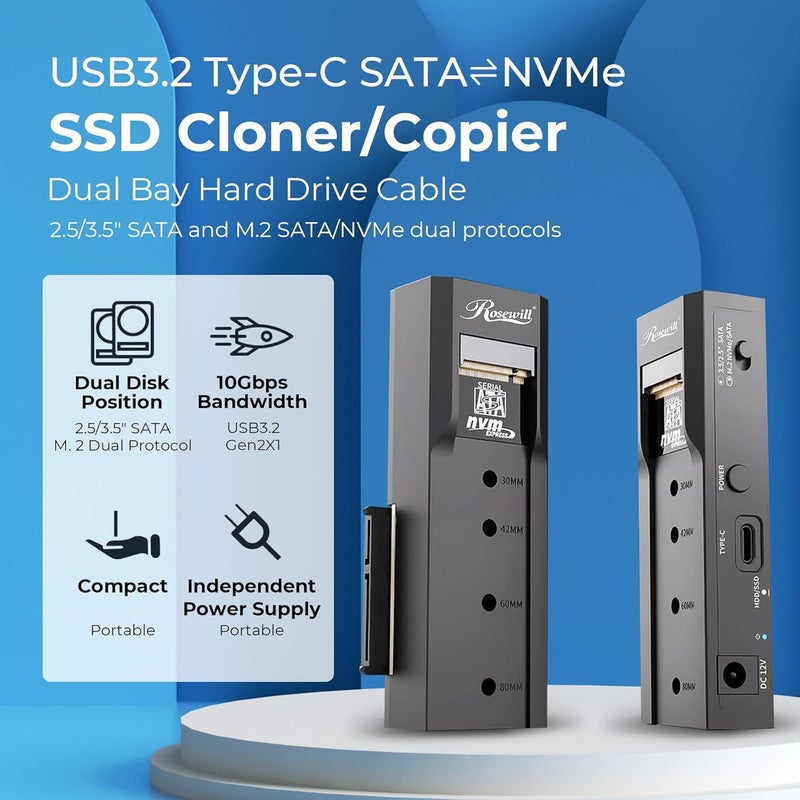 Rosewill NVME to 2.5'' 3.5'' Offline Clone Enclosure,M.2 to SATA SSD HDD Cloner, USB-C Type-C Max 10Gbps Standalone Clone Duplicator - RS-NS-CL - Image 4